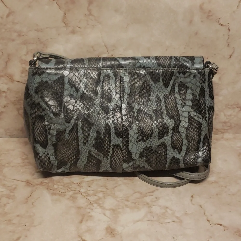 Aimee Kensterbeg gray and snake green and black skin print small crossbody bag